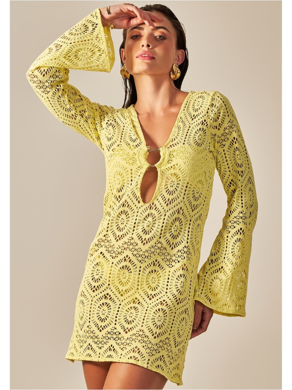 Empress Brasil NWT Short Sixty Yellow Lace Bell Sleeve Ring Cover Up Dress Large - Picture 1 of 12